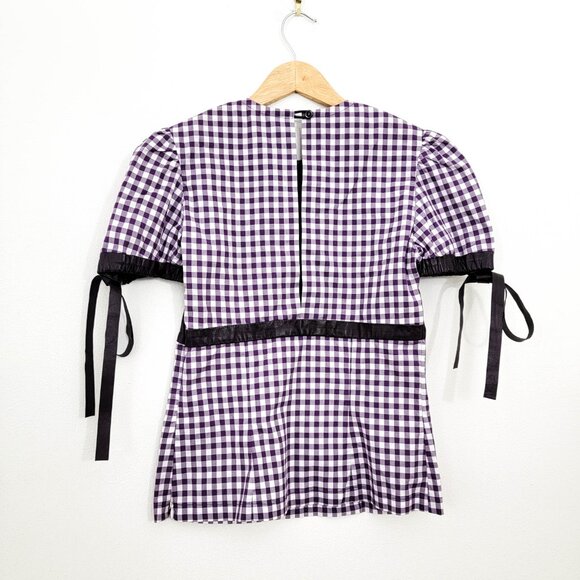 Vintage Yves Saint Laurent Purple Gingham Plaiand Leather Tie Shoulder Blouse XS - Picture 5 of 11